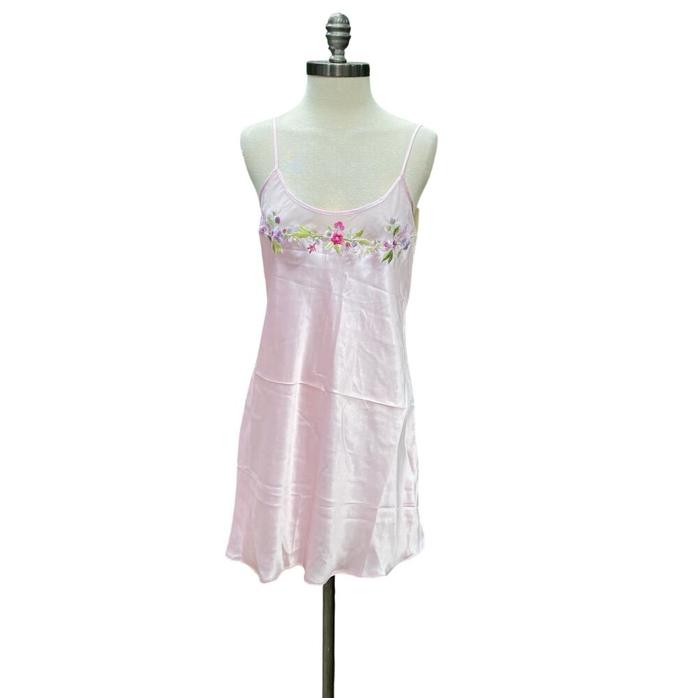 Vintage Laura Leigh Satin Embroidered Floral Slip Dress Size Med Womens y2K